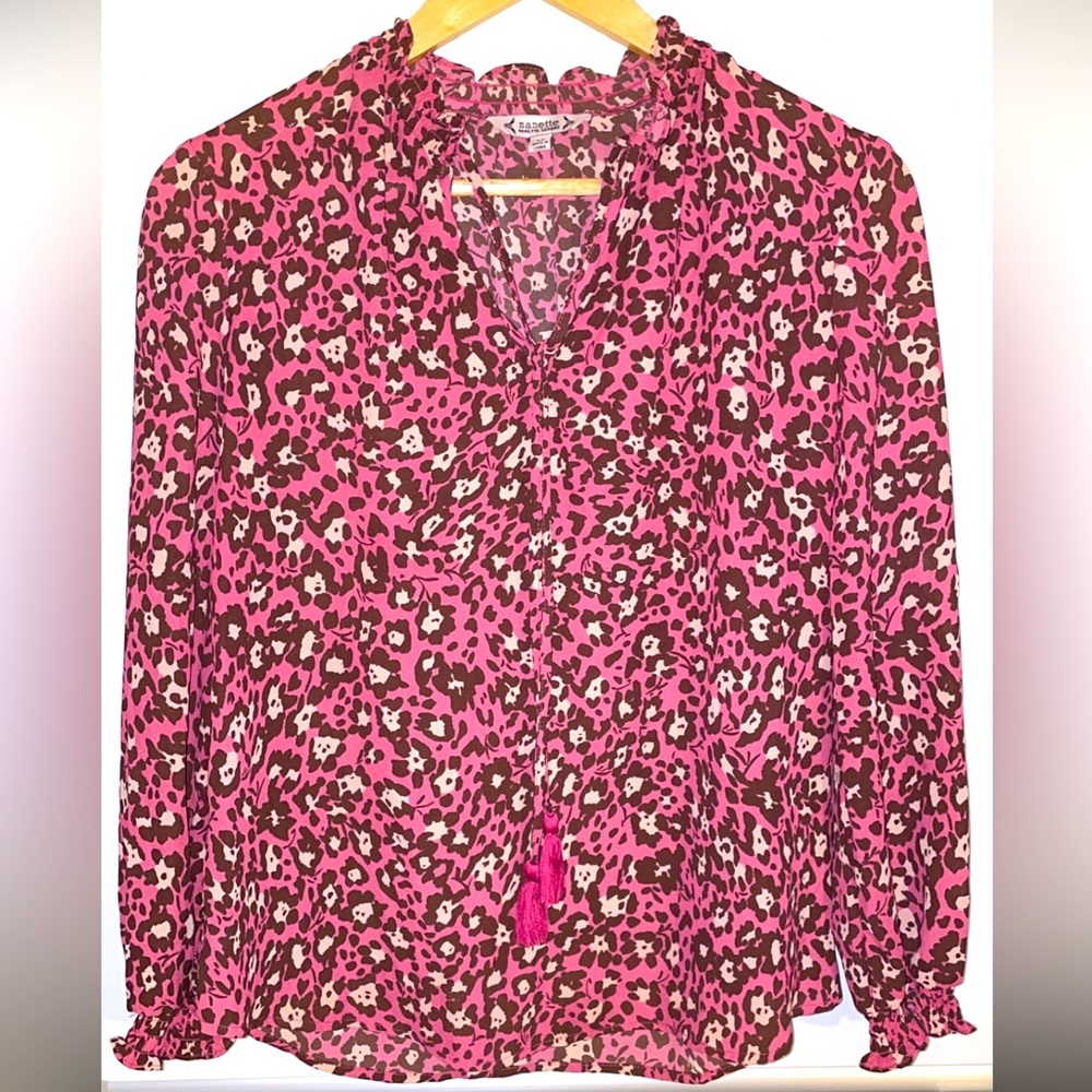 5/$25 Nanette Lepore Animal Print Cheetah Pink Blouse Top Women’s XS Tassels